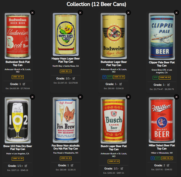 Screenshot of adding a beer can to a collection