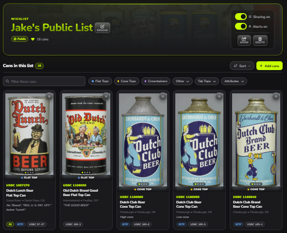 A public BeerCanTracker wishlist with sharing and alerts switched on, filter chips, and a row of can cards